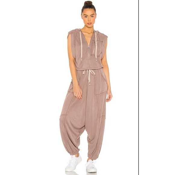 FP Movement Pants - FP Movement Franklin Hills Jumpsuit Knit Boho Distressed Harem Hooded‎ Mauve XS
